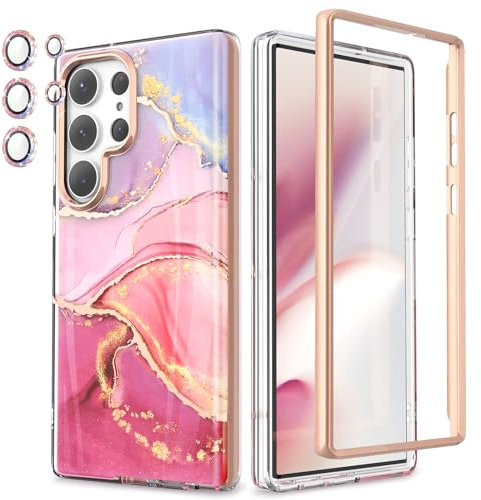Chvelop 3-in-1 Samsung S23 Ultra Case with Bumper [WITHOUT Screen Protector] + Camera Protector, Samsung Galaxy S23 Ultra Case Slim Fit Shockproof, Glossy Fade-Resistant Pattern Design (Pink)