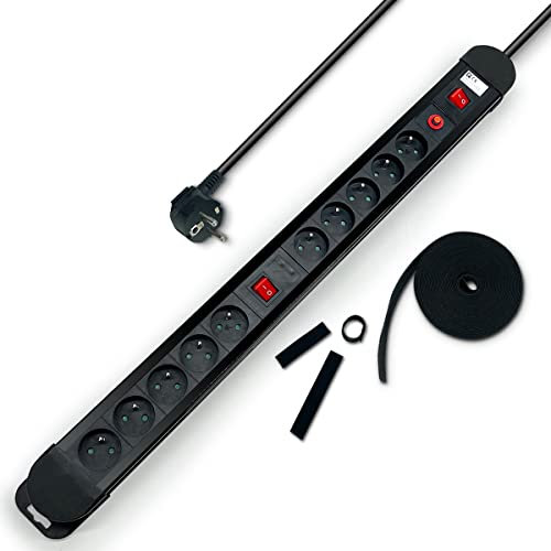 WAYTEX Pack Multiprise Parasurtenseur 10 Prises 2 interrupteurs Câble 1,50m Plus 1 Bande Serre-câble Auto-agrippante 1 Rouleau de 5 m à découper Inclus