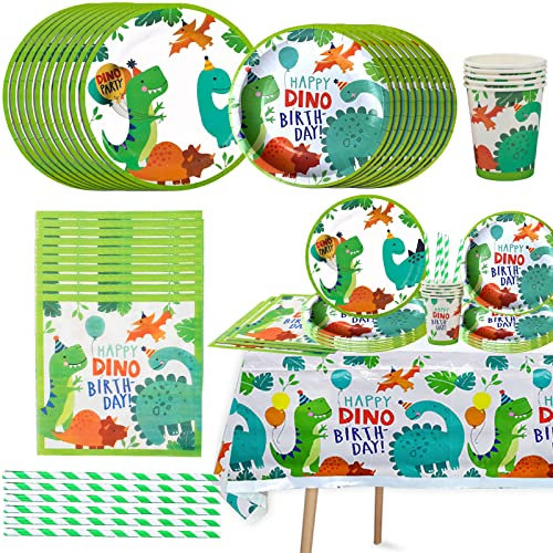 Dinosaurier Party Geschirr Set, 61 Stück Dinosaurier Deko Geburtstag Set, Dinosaurier Pappteller Becher Servietten Tischdecke für Kindergeburtstag, dino Party Deko, Serviert 10 Gäste