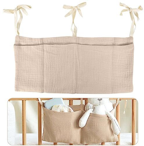 Baby Crib Cabin Bedside, Crib Storage Pocket, Hanging Storage Bag, 100% Cotton, 2 Pockets Bedside Hanging, Diaper Nursery Organizer for Clothing Diapers Drool Bibs Molar Toys (Khaki)