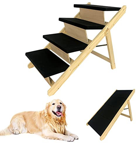 LZQ 2 in 1 Hundetreppe Hunderampe Auto Klappbar für Kleine Hunde und Katzen, Tragbare Hundeleiter Haustiertreppe aus Holz mit Anti-rutsch Teppich für Bett Sofa, bis 80 kg