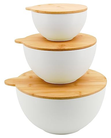 ECOWAY Salad Bowls Set of 3 with Lids, Large Salad Mixing Bowls Set with Natural Bamboo Lid, Melamine Serving Bowls & Storage Set for Salad, Kitchen Eating, Fruit, Pasta, Popcorn, Chips, White