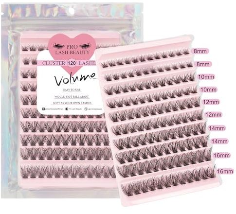 PRO Lash Clusters, 120 Pcs Individual Cluster Lashes DIY Lash Extension 8-16mm Eyelash Clusters Volume Wispy Lashes Super Thin Band Reusable Soft & Comfortable(Volume,D-8-16mix)