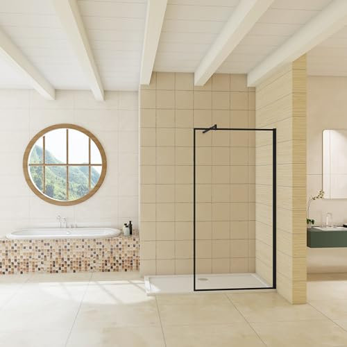 Ducha Casa 120x200cm Mampara de ducha frontal 1 hoja perfil negro, 8mm cristal templado antical, serigrafía rodeada, barra 70-120cm