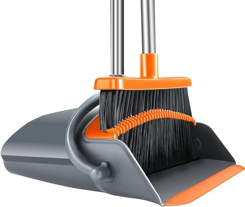 CCMRCQ Upgrade Large Orange Broom, Heavy Duty Dust Pan with 53 Long Handle, Upright Dustpan, Broom Set for Indoor/Outdoor, Garage, Kitchen, Room, Office, Lobby Use