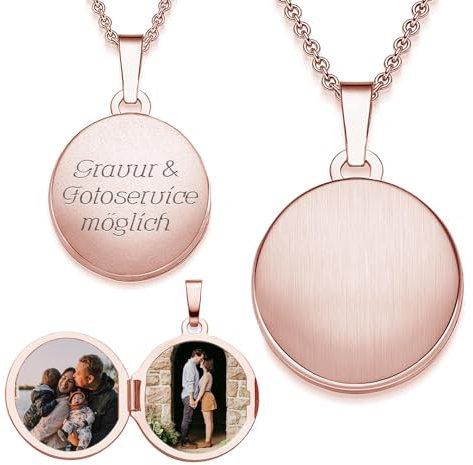 Medaillon rund zum Öffnen für Bilder Rosegold vergoldet | Kette Damen Medallion mit Bild | Amulett Anhänger mit Foto personalisiert | Halskette mit Gravur | Schmuck Geschenk zur Erinnerung