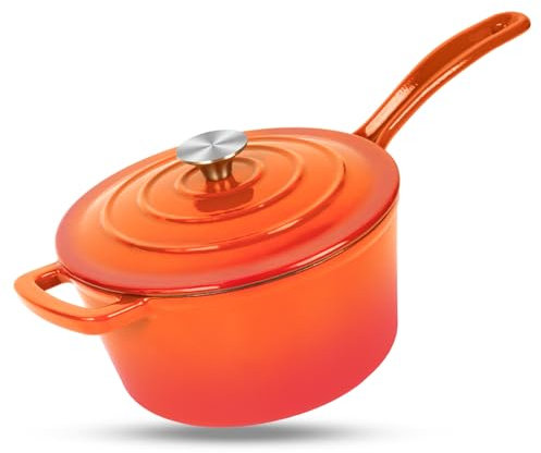 Enameled Cast Iron Sauce Pan, 2 Quarts Round Sauce Pot with Lid, Mini Dutch Oven Enamel Saucepan for Cooking Pasta Sauce, Marinate, Cook, Refrigerate and Serve, Flame Orange