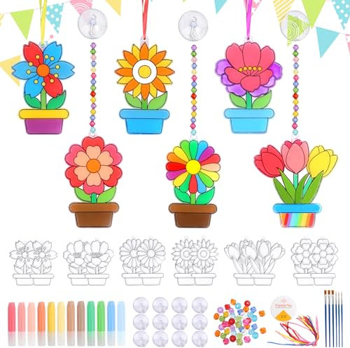 LOHAME 12 Stück Blumen Bastelset Kinder Blume Anhänger zum Bemalen Acryl Blumentöpfe Sonnenfänger Basteln Lehrerin Geschenk Kreativ Handwerk Dankeschön Geschenke für Lehrer Abschiedsgeschenk Lehrerin