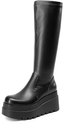 DREAM PAIRS Women's Knee High Boots Wedge Platform Chunky Heel Round Toe Side Zipper Fashion Long Tall Sock Punk Goth Boots for Women,Size 9,Black-Pu,SDKB2409W