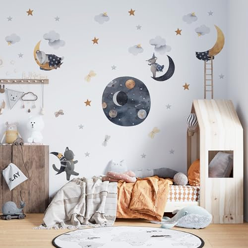 Muralo Sticker Set für Jungen - Aquarell Aufkleber Wandsticker Tattoo für Kinderzimmer - Tiere im Weltraum Motiv - Br.120cm x Hö.60cm