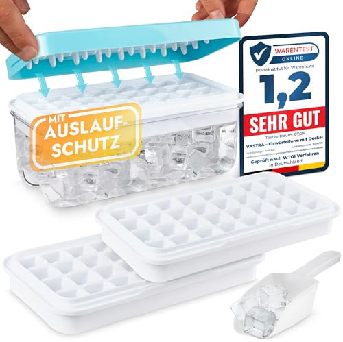 Premium Eiswürfelbehälter mit Deckel – Eiswürfelform für 64 Stück – Platzsparend und Stapelbar – Ideal und gesund für Cocktails, Bier, Kaffee, Grillparty – Kompatibel mit Eiswürfelmaschine