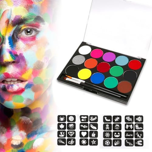 IKadiya Truccabimbi Kit, 2 Pennelli Professionali, 15 Colori Face Painting, Body Painting, Trucchi Neon, Colori Trucco Viso per Halloween, Carnevale, Natale, Pasquale