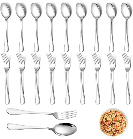 OT-NVWOZR Gabel und Löffel Set, 20 Stück Edelstahl Besteck Set Esslöffel & Tafelgabeln, Elegantes Teelöffel Kaffeelöffel Kuchengabeln für Zuhause/Restaurant/Küche Spülmaschinenfest