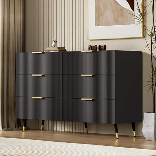 KOMHTOM Commode 6 tiroirs Meuble tiroir Rangement Noir avec Pieds et poignées dorés Meuble de Rangement Salon Chambre Cuisine (Noir)