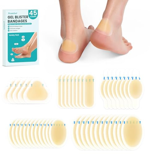 Promifun 45ct Almohadillas de gel hidrocoloide para ampollas – Vendas adhesivas impermeables para ampollas – Gel blíster bandages Cushion Pads para talón, dedos de pies, Pies,Dedos(Variety Pack)
