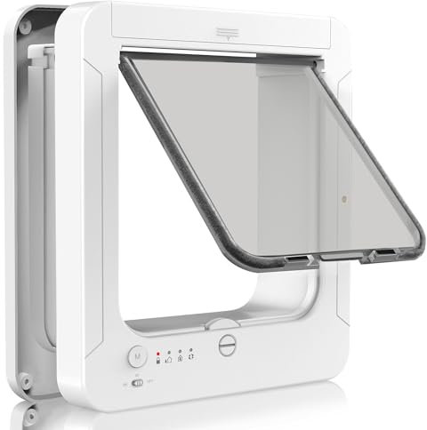 JUJUPET Porta elettronica per gatti, porta intelligente per animali domestici con 2 chiavi RFID per collare, blocco a 4 vie, sblocco automatico, resistente alle intemperie, ingresso e uscita