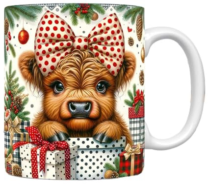 Highland Cow - Taza de cerámica para café de Navidad, accesorios de Navidad, taza de para amigos, familia, acogedora caliente, chocolate