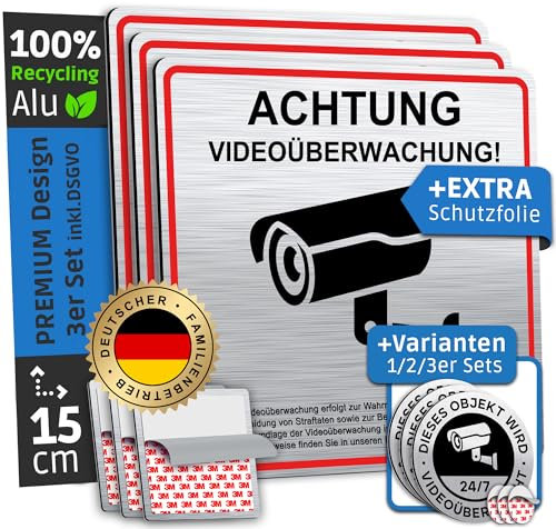 SCHILDERBOXX® 3er Set Schild Videoüberwachung DSGVO [15x15cm, 100% Alu, 3M Tape] - Aufkleber Videoüberwacht Privatgrundstück, Kameraüberwachung Grundstück Video Überwacht, Achtung Kamera Überwachung