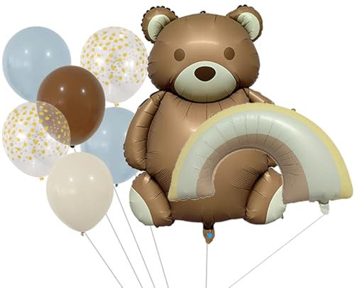 Bär Geburtstag Deko Set, Luftballons Deko Geburtstag Junge Mädchen, Folienballon Regenbogen, Konfetti Ballon, Bär Braunen Helium Ballons für Deko Kindergeburtstag,Waldtiere