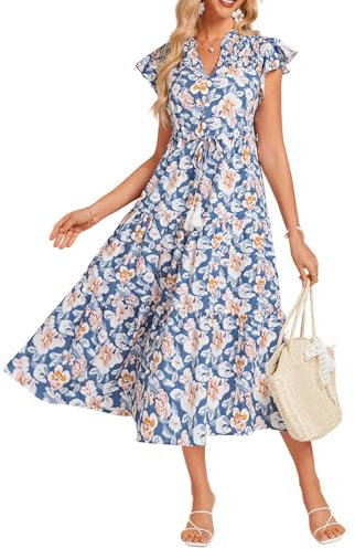 GRACE KARIN Damen Freizeit Sommer Midi Kleid mit flatternden Ärmeln fließend V-Ausschnitt Maxi Sonnenkleid mit Taschen hohe Taille fließendes Kleid Blau Weiß Floral L