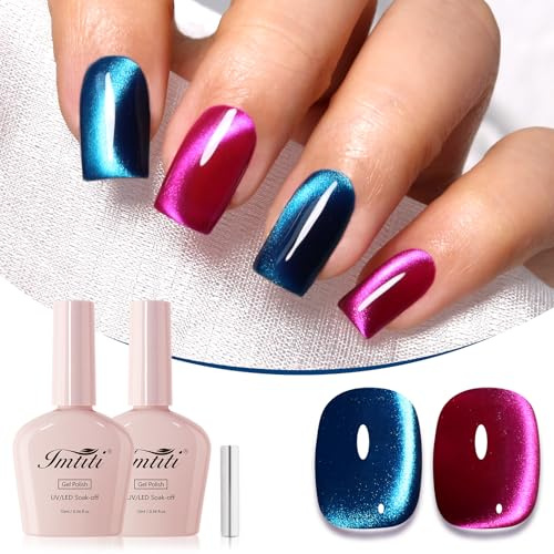 Imtiti Cat Eye Gel Nail Polish Set, 2 Colors Hot Pink and Auroras Cyan Holographic Magnetic Glitter Gel Polish Soak Off UV/LED with Magnetic Stick（0.34Fl Oz*2-938）