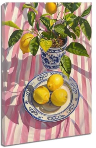 ZQQART Zitronen Blumen Leinwanddrucke Früchte in Teetasse Gemälde Kunstwerk gelber Zitronenbaum Bild Bauernhaus Küche Restaurant Kunstwerk (Rosa,30x45cm)
