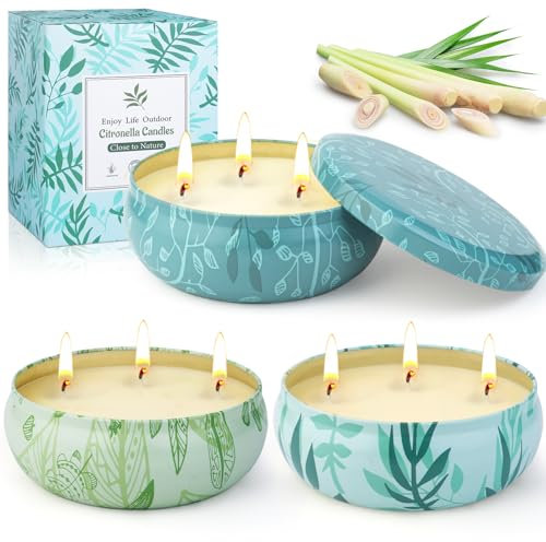 Citronella Kerze Outdoor Groß, 3x12OZ Zitronella Kerzen Draußen, Outdoor Kerzen Zitrone Garten mit 3 Docht Natürliche Sojawachs Kerzen Set für Garten Camping Terrasse Picknick Pool Sommergeschenk