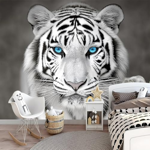 Tapete Wandbild Fototapete Dominierender Tiger Nahaufnahme Wandtapete Für Wohnzimmer, Flur, TV Hintergrund Wandtapete Bilder Wand Deko 200 x 140 cm, Weiß Schwarz