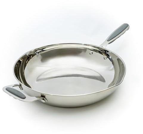 David Burke Stature 12 Stainless Steel Everyday Pan with Vented Steam Lid – Thick Solid Steel Side Handles - Brushed Gray