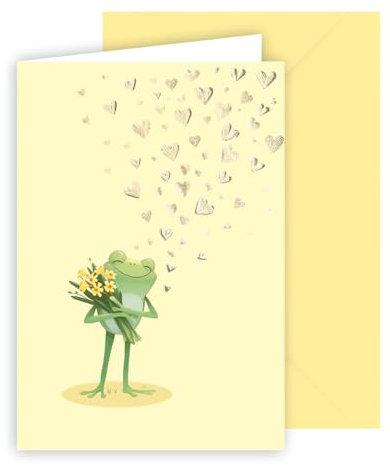 KE - Liebevolle und Edle Blanko Glückwunschkarte, DIN B6 Format 176x125mm, Textfreie Klappkarte inkl. Umschlag, Ideal für alle Anlässe, Motiv: Frosch mit Blumenstrauss