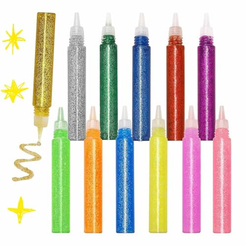 Altaroo Glitzerkleber 12 Tuben, Glitzerstifte Glitter Glue 12 Farben, Klebestifte mit Glitzer, Glitzer Basteln, Glitzerkleber für kinder glitzerstifte mädchen Junge zum Bemalen und Verzieren -je 10 ml