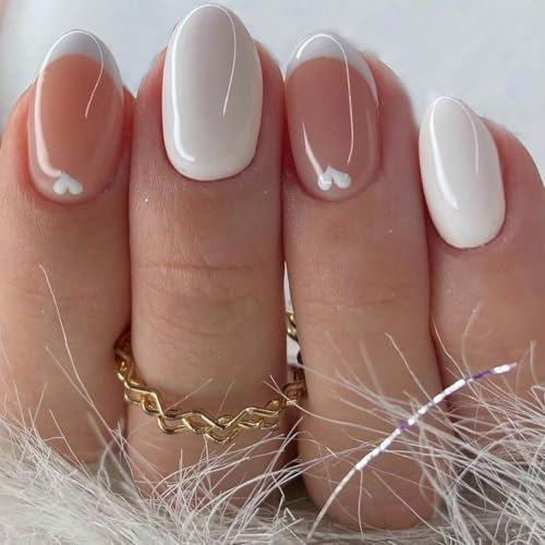 GlamRays 24 Stück Press-on-Nägel: Kurz, Acryl, Klebe-Nagel-Set - Französisch Weiß, Kurze Ovale Herz Nägel Design