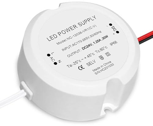 Alimentatore led 24v 30W 1.25A, Afenau IP66 Trasformatore Led24V, Mini Rotondo Trasformatore 220V a 24V, Nessun Sfarfallio LED, Alimentatore24v 1.25A Senza Rumore per Scatole da Incasso