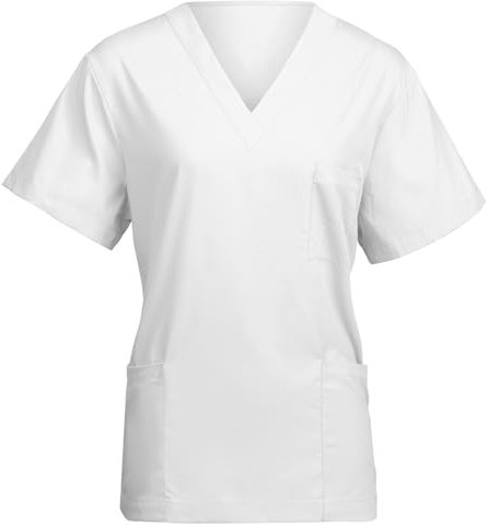 AUYAO Womens Hospital Uniform Nurse Top Uniforms Scrub Top, White Nurse Uniform Workwear Doctor Nurse Dress, V Neck Line Regular Fit Top with Short Sleeves for Dental Nurse Vets Elderly Carers(L)