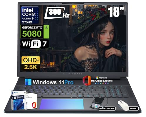 Alienware 18 Area-51 Gaming Laptop Computer - Intel Ultra 9 275HX (24-Core, Up to 5.4GHz), RTX 5080 GDDR7, 18 2.5K QHD+ 300Hz, w/DVD Drive, Win 11 Pro, Office Lifetime (64GB DDR5, 8TB SSD)