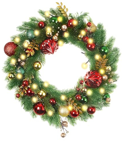 Weihnachtskranz 40cm,Türkranz Weihnachten mit 30 LEDs, Türkranz Weihnachten Außen mit Rote Beeren, Blättern und Glocken, Weihnachtsdeko für Haustür, Wand, Fenster