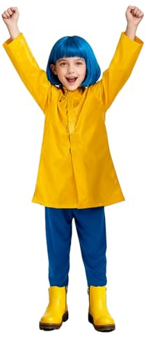 Jackolume Coraline Cosplay-Kostüm für Kinder, Mädchen, gelber Regenmantel und blaue Hose, Halloween-Film-Charakter-Kostüm-Set, Party-Kostüm-Set