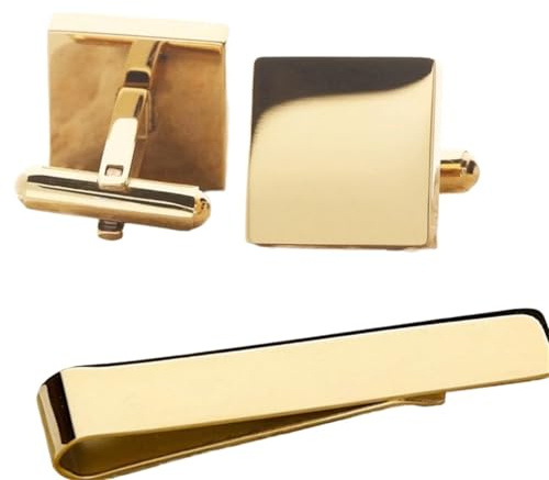 1 Set Herren-Manschettenknöpfe und Krawattenklammern, silberfarben, goldfarben, Manschettenknöpfe for Herrenhemden, Vatertagsgeschenk Für Herren(Square Gold)