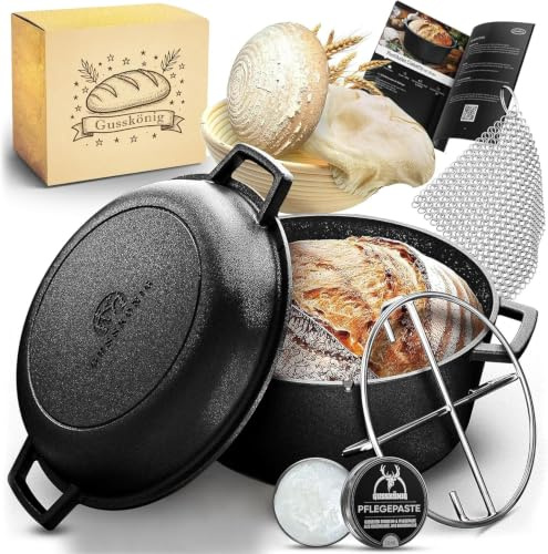 GUSSKÖNIG 2-in-1 Gusseisen Brotbackform mit Gärkörbchen – eingebrannter Gusseisentopf zum Brotbacken 4,8 L & Grillpfanne 1,8 L – Brotbacktopf, Brottopf mit Deckel + Pflegepaste – 30 Jahre Garantie