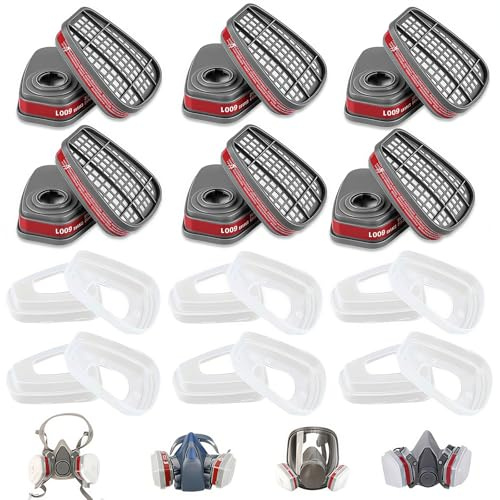 6 Paar Filter für Atemschutzmaske mit 6 Paar Abdeckkappen, 6001 Filter für Atemschutzmaske Set, 6001 für Lackiermaske Filter, Kompatibel mit 6100 6200 7501 7502 6800 Gasmaske
