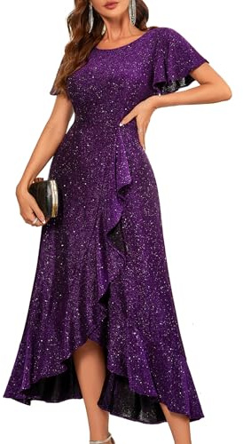 Berylove Damen Abendkleid Lang Glitzer Festlich Kleid für Hochzeit Elegant | Schicke Ballkleid mit Vokuhila Saum Flügelrüschen, Pailletten-Cocktailkleid Prom Dress passend für alle Festlichen Anlässe.