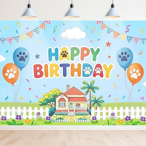 Newsely Blue Dog Birthday Backdrop 7Wx5H Photography Ribbon Cute Cartoon Theme Paws Lovely Balloons Puppy Background Girl Woman Kids Adult Boys Bday Party Decorations Banner Photo Booth Props Supplies