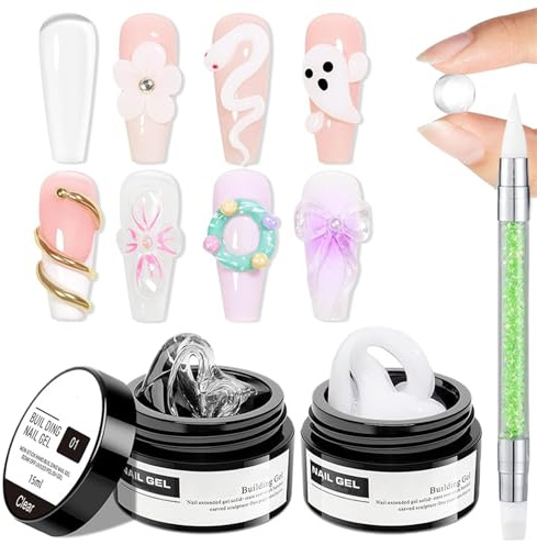 Clear and White Solid Builder Gel for Nails Kit - 3D Nail Art Sculpture Non-Sticky Hand Extension Gel - 3D Sculpture Gel for Nails Carving Patterns - Sock Off UV LED Salon DIY at Home