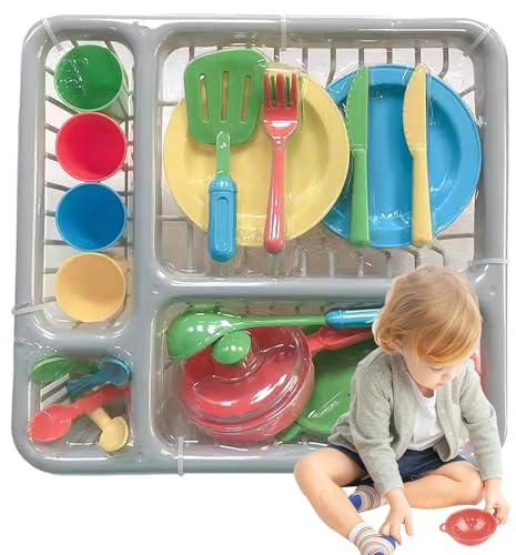 Spielset mit Töpfen und Pfannen für Kinder, Küchenzubehör für Kinder zum Rollenspiel, kreatives Spielgeschirr, Küchenspielzeug, Geschirr, Geschirr, Spielset mit Abtropffläche für Mädchen und Jungen