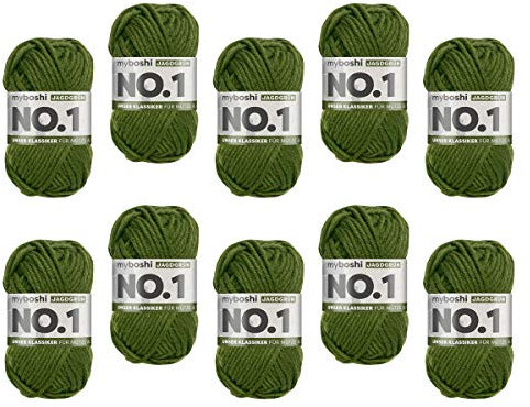 myboshi No.1 Wolle zum Häkeln und Stricken, Schnellstrickgarn, langlebige Mützenwolle, Strickwolle, Häkelwolle, mulesing-frei, 50g, Ll 55m Grün (Jagdgrün) 10 Knäuel