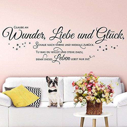Wandaro W3403 Wandtattoo Spruch Glaube an Wunder Liebe Glück I schwarz 90 x 28 cm I Wohnzimmer Aufkleber Wandsticker Schlafzimmer Wandaufkleber