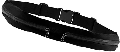 REY Riñonera Deportiva Negra Doble, Bolsa con 2 Cremalleras, Cintura Cadera Cinturón Cangurera Running Sport Footing, Negro