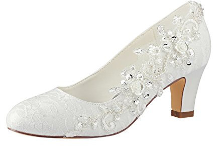 Emily Bridal Zapatos de novia para mujer, zapatos de seda como satén con tacón y decoraciones de encaje con flores, cristales y perlas, beige, 38 EU