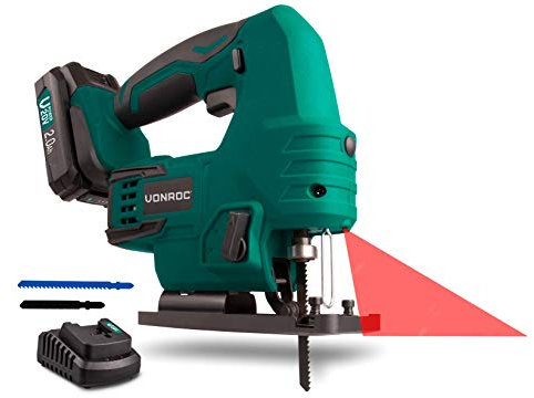VONROC Scie sauteuse sans fil VPower 20V, 2.0Ah – 1 batterie, 1 chargeur rapide, 2 lames de scie et guide parallèle inclus