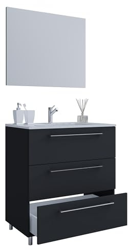 VCM 3-TLG. Stand Waschplatz Waschtisch Badmöbel Set Waschbecken Badinos Schublade 3 SP 80, Schwarz